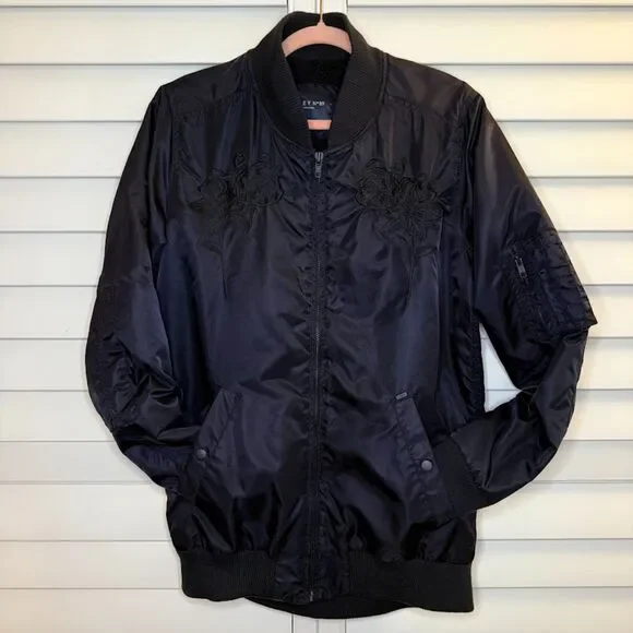 Obey Rose Embroidery Fleece-Lined Longline Black Bomber Jacket size M - Picture 2 of 12